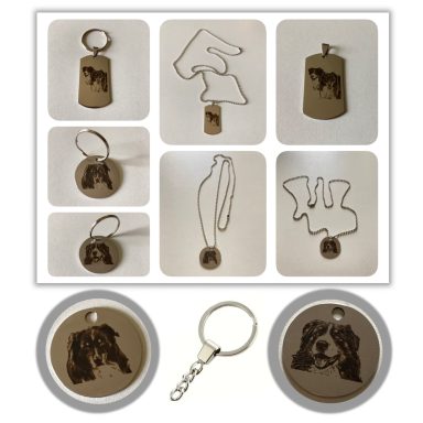 Lasergravierte Dog Tags, als Schlüsselanhänger und Halskette.