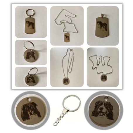 Lasergravierte Dog Tags, als Schlüsselanhänger und Halskette.