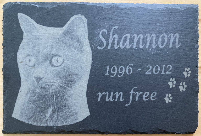 Graues Grabmal mit Katzengesicht und den Worten "Shannon 1996-2012 run free".