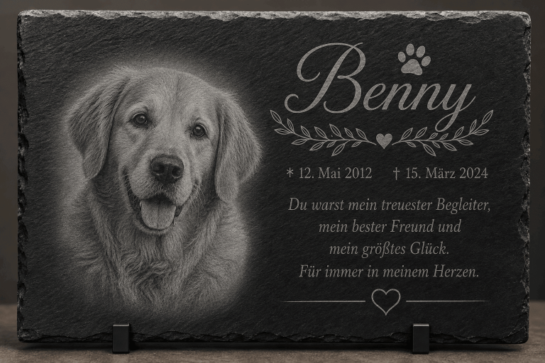 Gedenktafel für Benny, Labrador, mit Foto und Inschrift, zur Erinnerung.