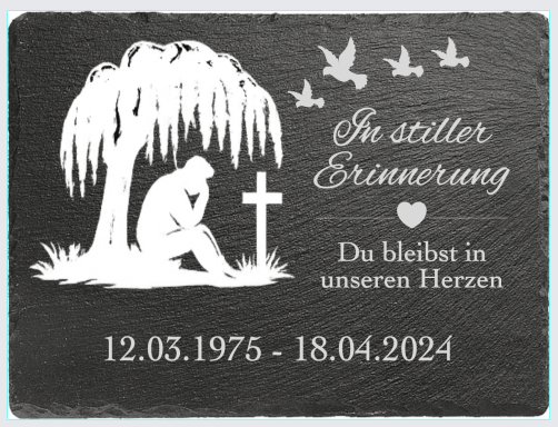 Steinplatte mit Trauersymbolen, Text zur Erinnerung und Daten.