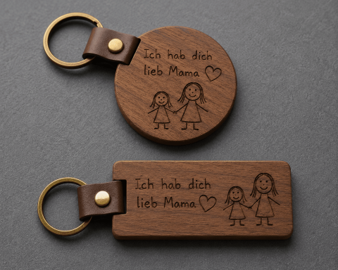 Holz-Schlüsselanhänger mit gravierten Figuren und der Aufschrift "Ich hab dich lieb, Mama".