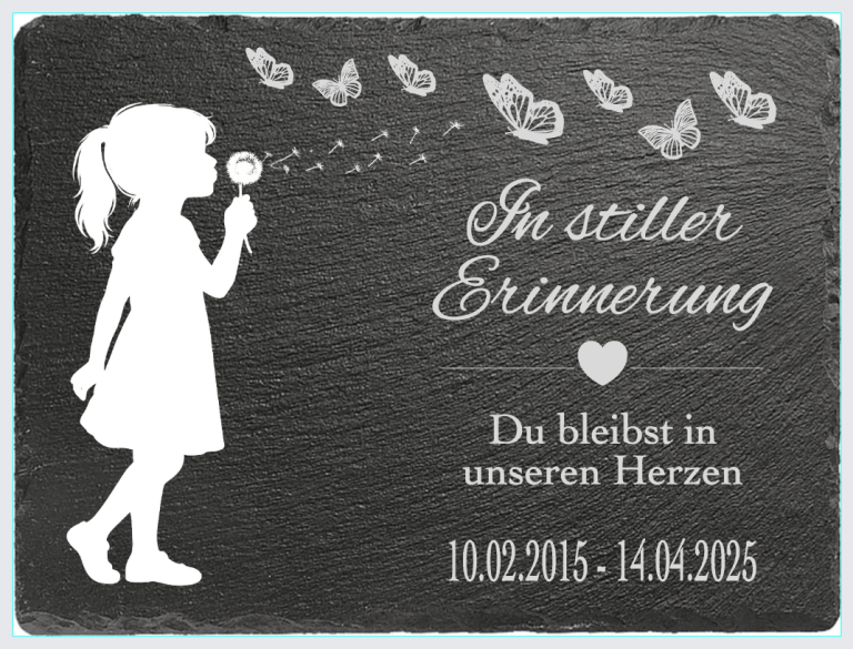 Silhouette eines Mädchens, das Pusteblume und Schmetterlinge pustet. Gedenktext.