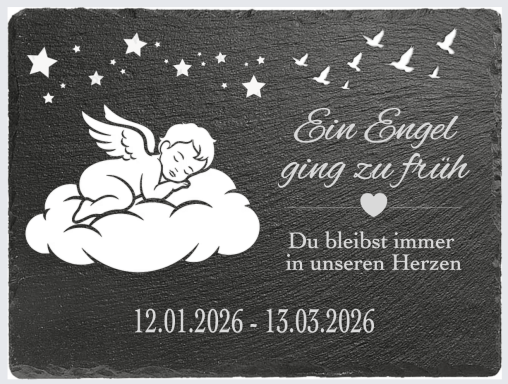 Ein Engel schläft auf einer Wolke, umgeben von Sternen und Vögeln. Daten: 12.01.2026 - 13.03.2026.