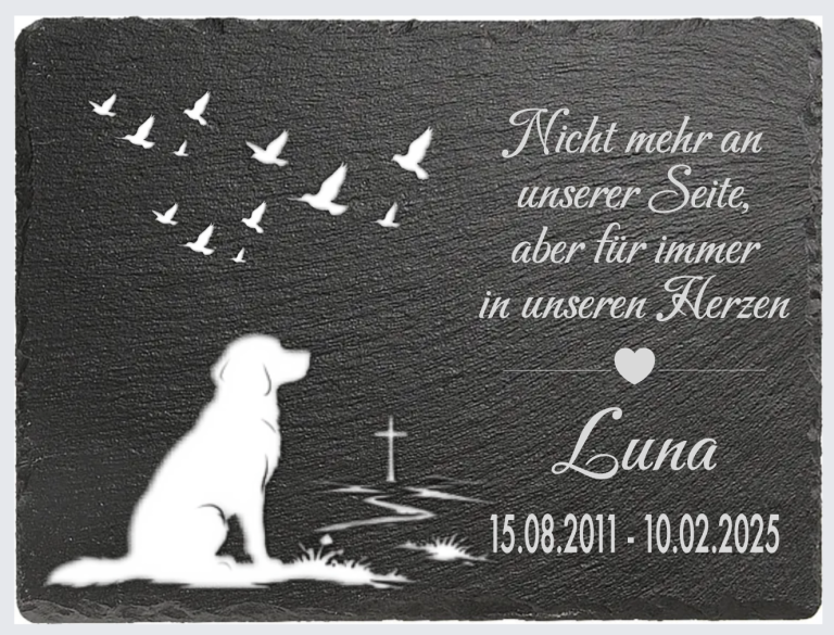 Gedenktafel mit Hund, Vögeln, Herz und Grabstein; Inschrift zu Luna, geb. und gest. Daten.