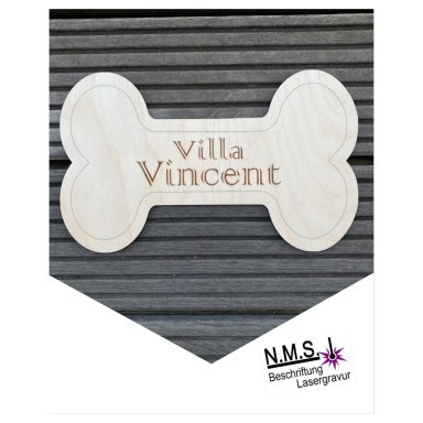 Holzschild in Form eines Hundeknochens mit der Inschrift "Villa Vincent".