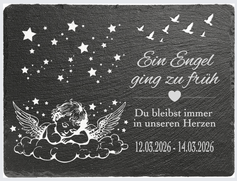 Gravur mit Engel, Herz, Sternen und Text über den Verlust eines geliebten Menschen.