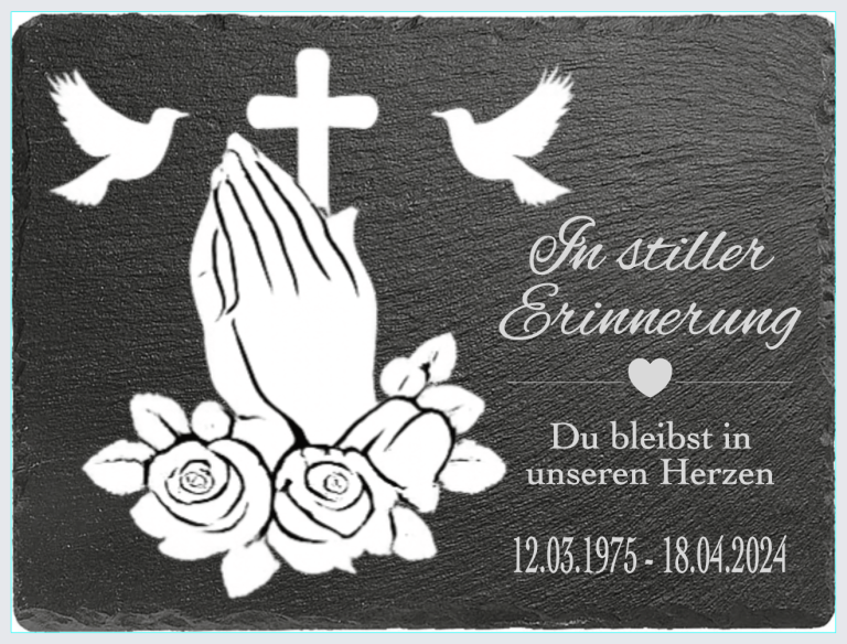 Händedrücken mit Rosen und Kreuzen, zwei Tauben darüber, mit einem Trauerspruch.