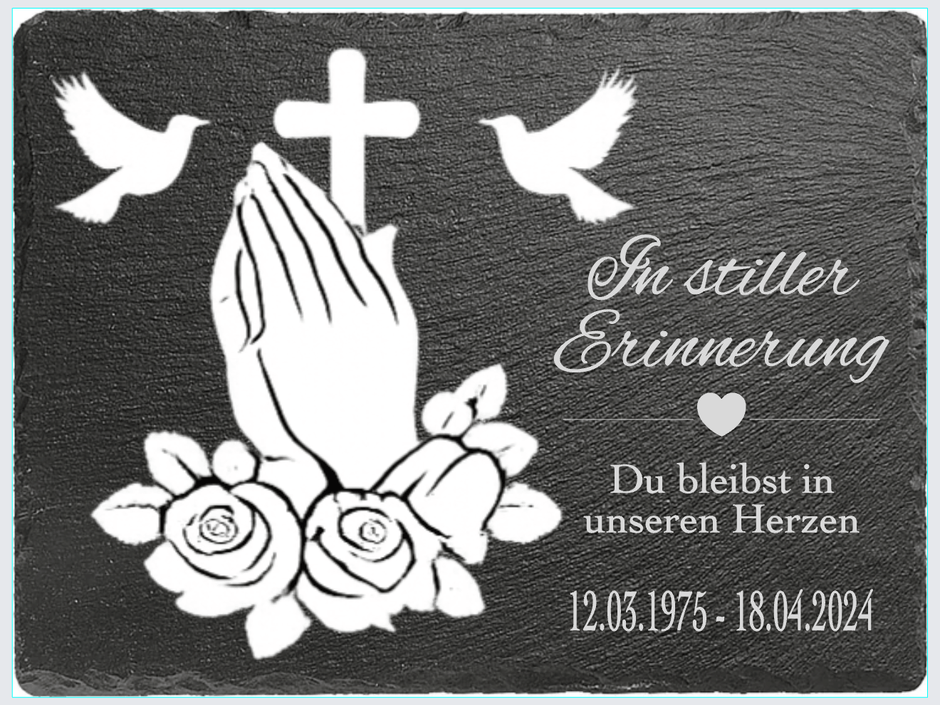 In stiller Erinnerung: gefaltete Hände, Rosen und Tauben um ein Kreuz.