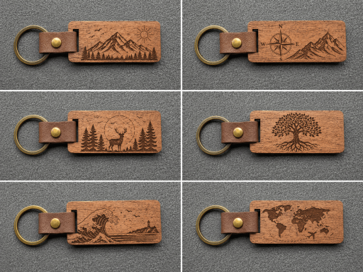 Sechs gravierte Holzschlüsselanhänger mit Naturmotiven: Berge, Bäume, Rehe und eine Weltkarte.