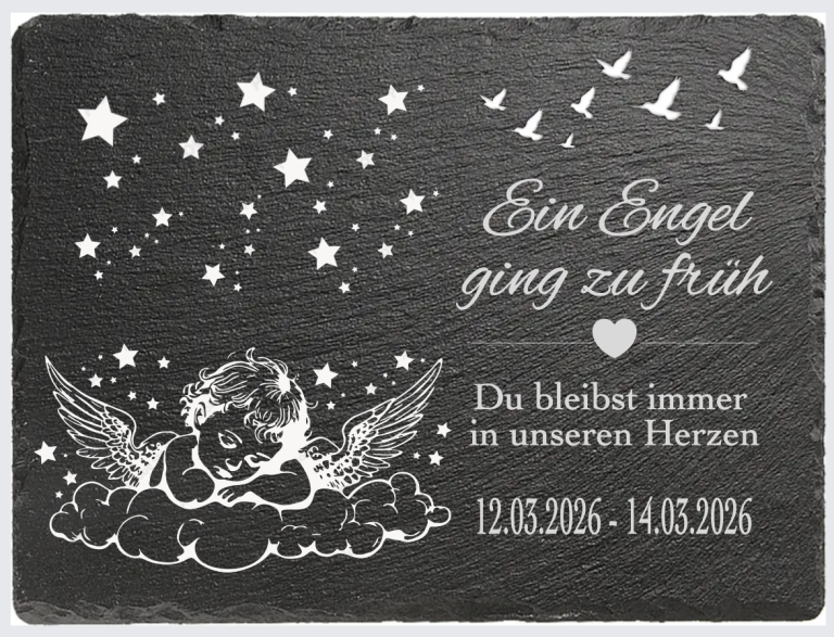 Gravur mit Engel, Herz, Sternen und Text über den Verlust eines geliebten Menschen.