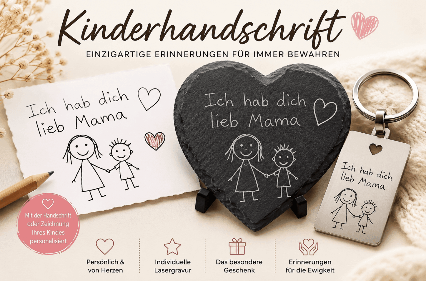 Handschrift von Kindern mit Zeichnungen und der Aufschrift "Ich hab dich lieb Mama".