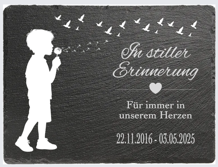 Silhouette eines Kindes, das eine Pusteblume hält, mit Vögeln im Hintergrund.