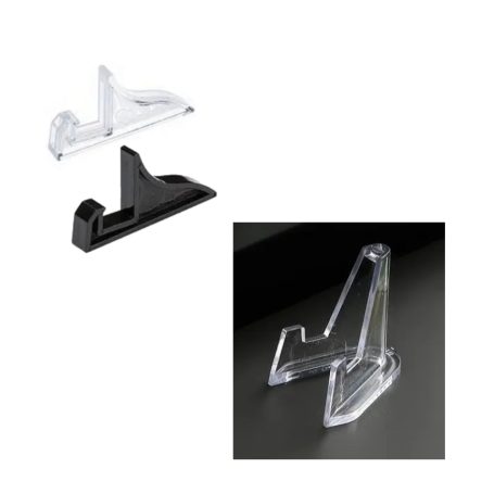 Zwei verschiedene Halterungen, eine transparent und eine schwarz, in L-Form.