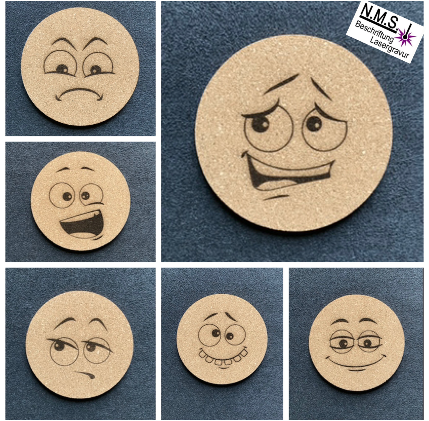 Sechs runde Korkplatten mit verschiedenen Emotionen als Gesichter dargestellt.