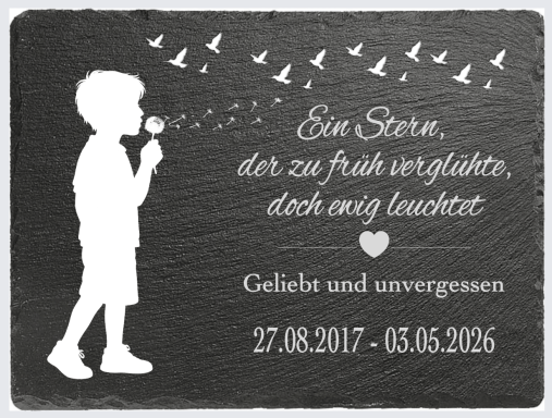 Junge mit einer Pusteblume, umgeben von fliegenden Vögeln, in Gedenken an einen Verlust.