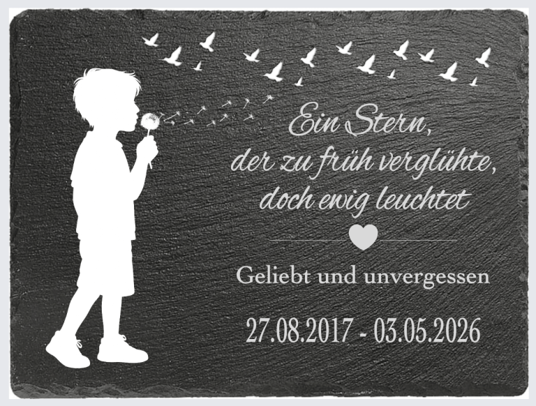 Silhouette eines Kindes, das eine Pusteblume hält, mit Vögeln im Hintergrund.