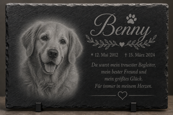 Hundememorial mit dem Namen Benny, Geburts- und Sterbedatum sowie einer Pfote.