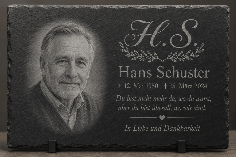 Gravierte Gedenktafel mit Porträt von Hans Schuster und persönlichen Worten.