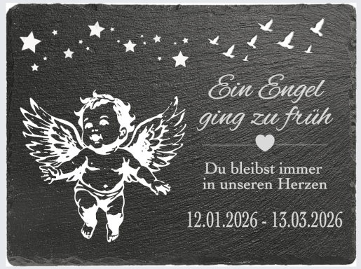 Engel mit Flügeln und Sternen, Gedenktafel mit Daten und herzlichem Text.