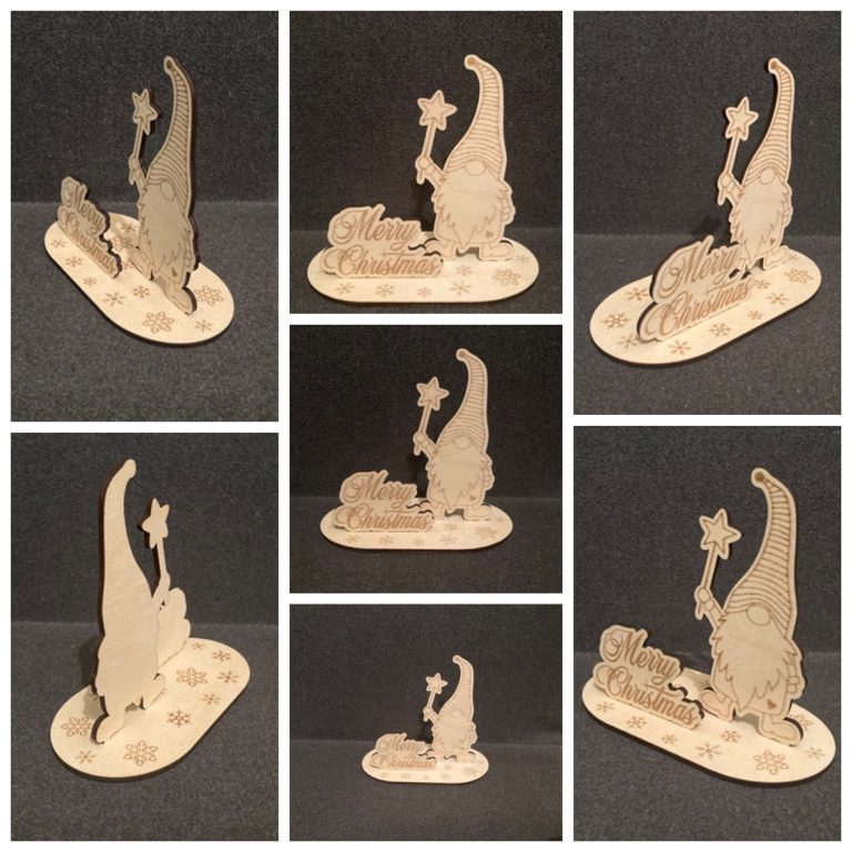 Holzfigur eines Wichtels und einem Stern auf einer dekorativen Basis.