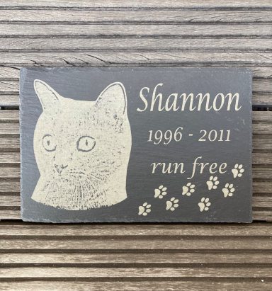 Gedenktafel für eine Katze namens Shannon, 1996-2011, mit Pfotenabdrücken.