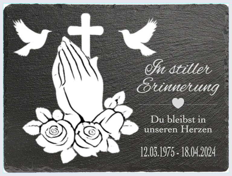 Händedrücken mit Rosen und Kreuzen, zwei Tauben darüber, mit einem Trauerspruch.