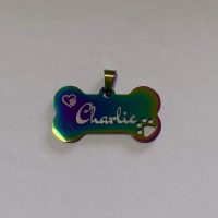 Holografischer Hundehalsband-Anhänger mit der Aufschrift „Charlie“ und Fußabdruck-Symbol.
