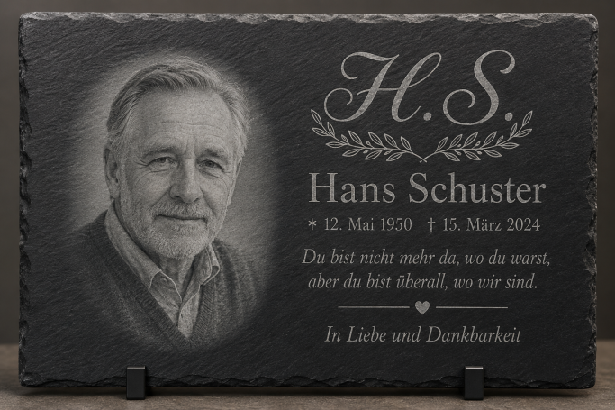 Porträt von Hans Schuster mit Geburts- und Sterbedatum sowie einer persönlichen Widmung auf einer Schiefertafel graviert.
